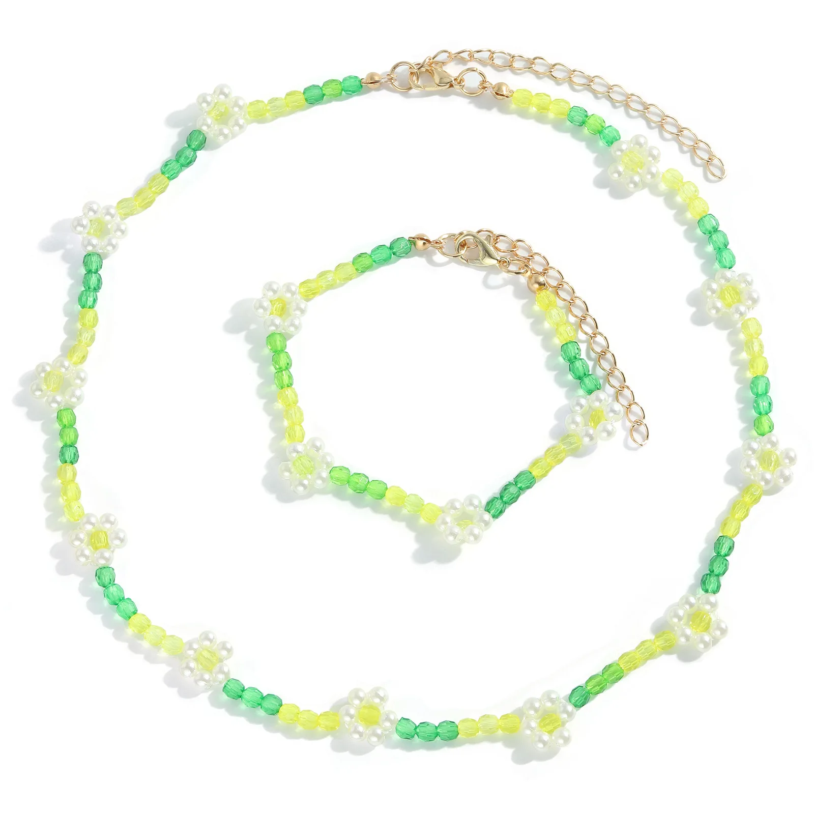 

Korean Fashion Flower Pearl Beaded Transparent Resin Acrylic Necklace Bracelet Set For Women Girls Sweet Handmade Jewelry Gifts