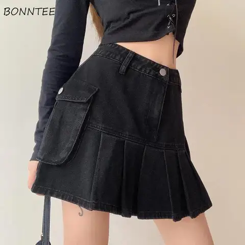 Skirts Women Folds Denim Mini Sexy Kawaii Streetwear Korean Style Chic Casual A-Line Vintage Fashionable Harajuku Sweet Girls