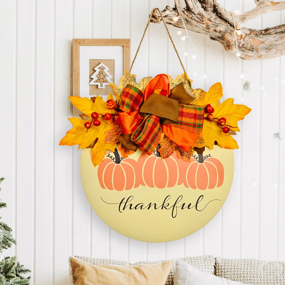 

Maple Leaf Wooden Wreath Wall Mount Artificial Pumpkin Maple Leaf Table with Harvest Festival Berries New Thanksgiving Decor