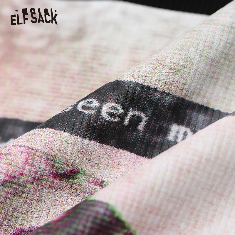 ELFSACK женские футболки с винтажным принтом, осень, модные женские топы больших размеров с круглым вырезом, Уличная Повседневная Черная Женская футболка