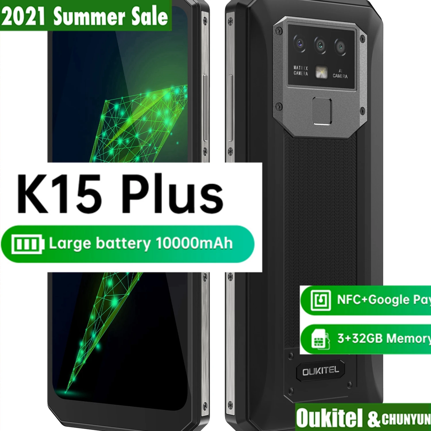 

OUKITEL K15 Plus 10000mAh Endurance Global Smartphone 8 Cores 6.52Inch Android10 NFC 3+32GB Dual SIM Card 4G LTE Cell Phone