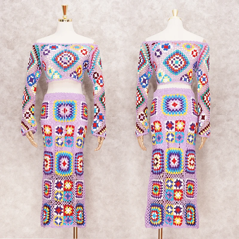 Женский богемный Костюм-двойка ручной работы вязаный крючком с открытыми