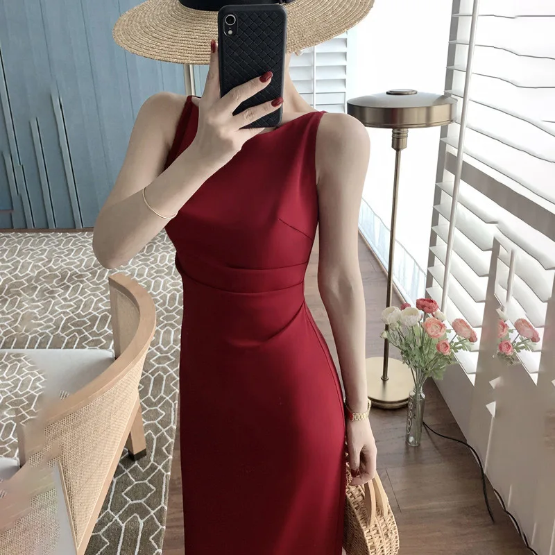 

Vintage Elegant Women's Dress Sleeveless Summer 2021 Slim Solid White Slash Neck High Waist Office Lady Woven Pencil Dresses New