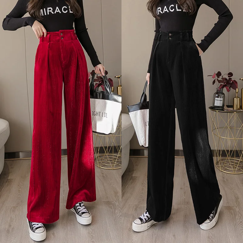 

Винтажные бархатные широкие брюки, женские свободные прямые брюки с высокой талией, женские повседневные брюки, офисные Капри, рабочая одеж...