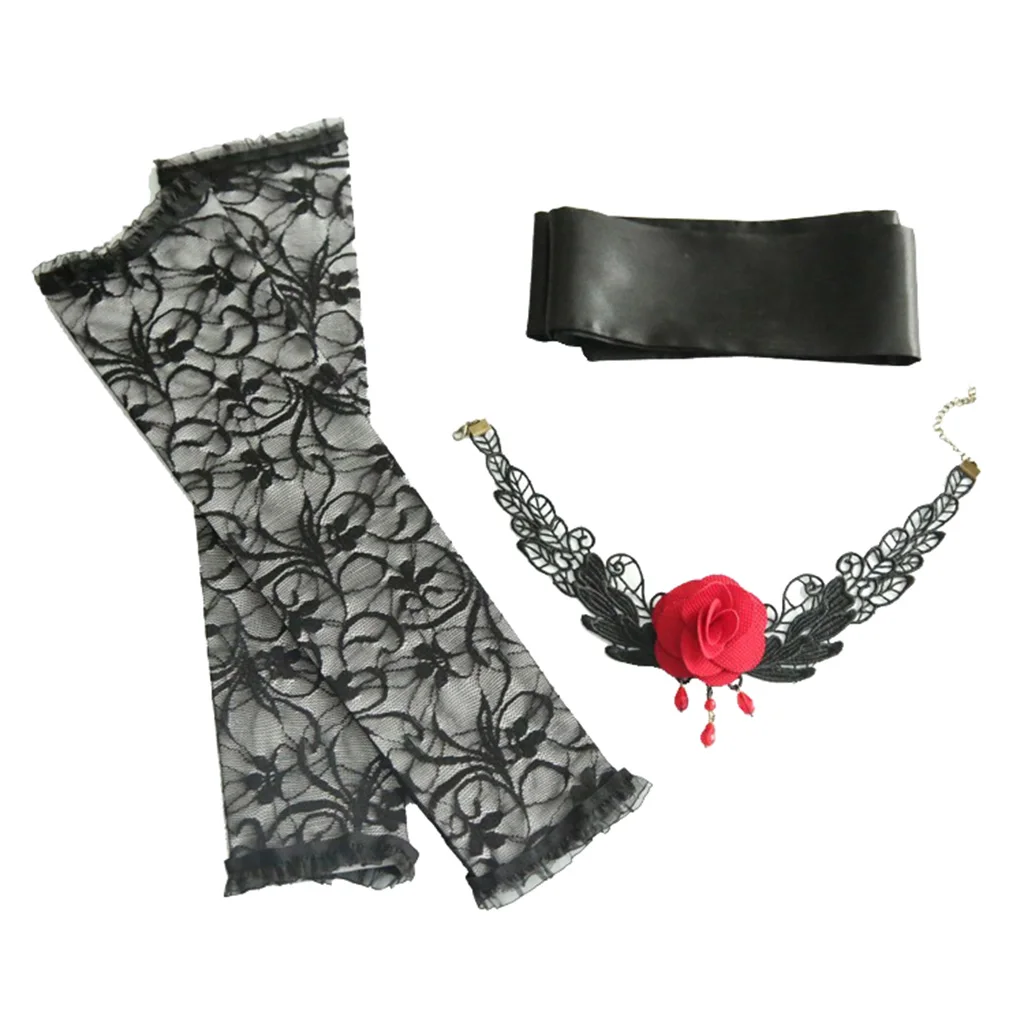 

3 Pcs Costume Party Set Women Satin Eye Mask Lace Gloves Choker Necklace