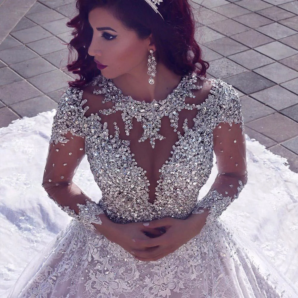 New Arrival Luxury Beading Wedding Dresses 2020 Long Sleeve Sexy Open Back Dubai Princess Robe De Mariage Plus Size