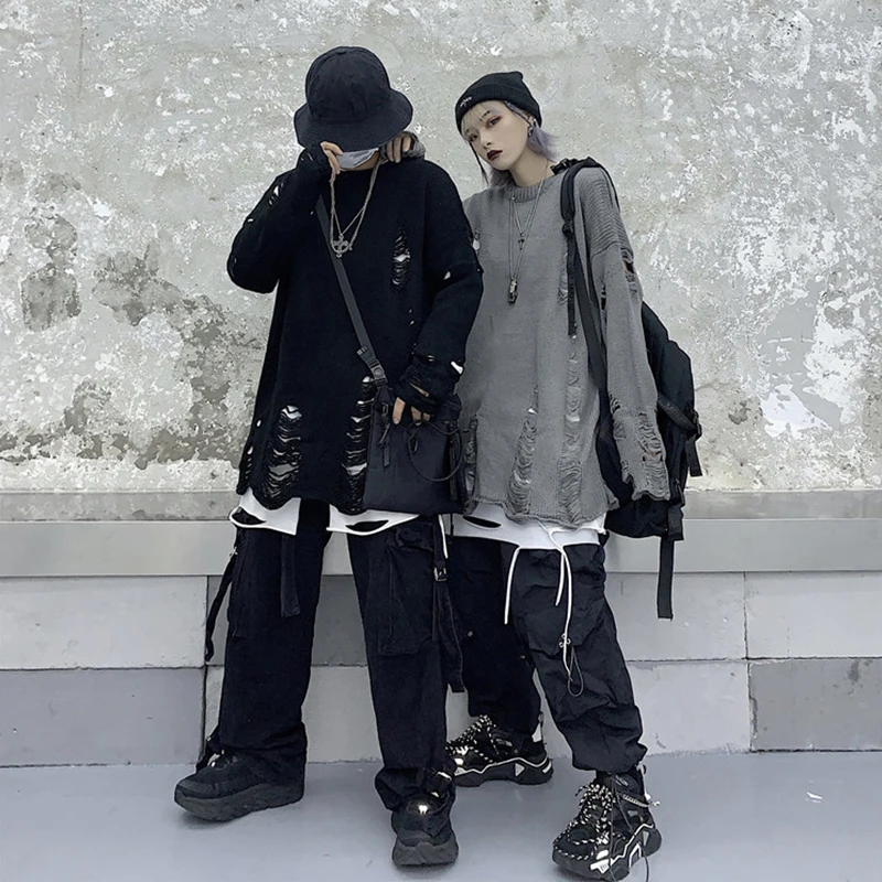 Черный светло-серый панк унисекс длинный свитер 2020 женский мужской с дырками