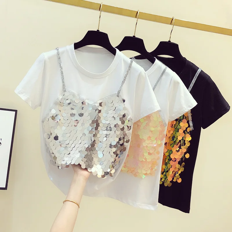 Футболка женская с коротким рукавом повседневный топ блестками круглым вырезом