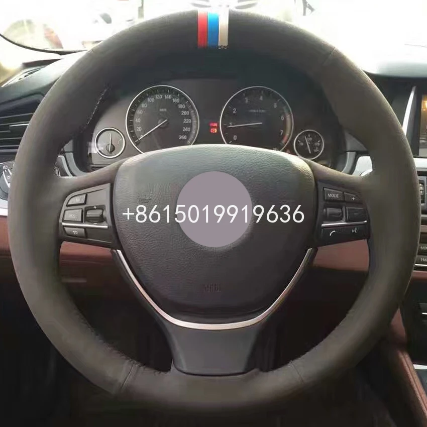 

custom Top Black Suede Car Steering Wheel Hand-stitch on Wrap Cover For BMW F10 2014 520i 528i 2013 2014 730Li