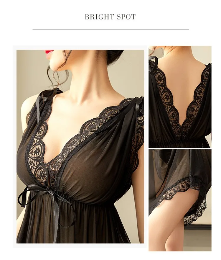 

New female net yarn sexy lace princess sexy pajamas, deep V-neck temptation, big backless bow sexy suspender nightdress
