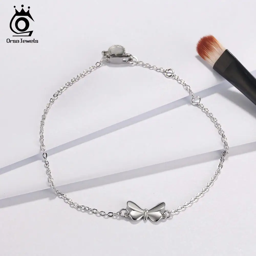 ORSA JEWELS Women 925 Sterling Silver Bracelets Perfect Polished Simple Bar Design Chain Bracelet Fashion Female Jewelry SB44