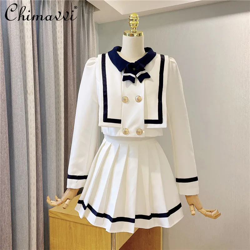 

Autumn Women's Clothing New Suit Hepburn Goddess Temperament Preppy Style Long Sleeve Top Pleated Skirt Fashion Two-Piece Suit