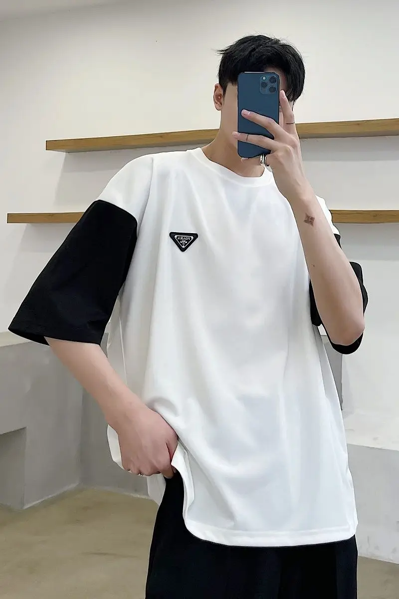 

IEFB 2021 New Personalized Black And White Color Contrast Trend Loose Short Sleeve T-shirts Korean Round Neck Casual Tee 9Y7025