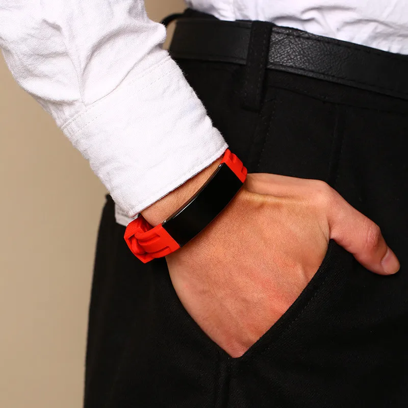 

Modyle 2020 New Fashion Custom Red Silicone Rubber Bracelets for Men Black Stainless Steel Name ID Tap Watch Brands Bracelet