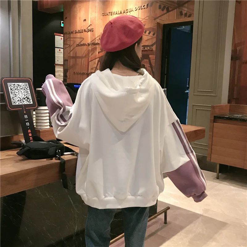 

Hoodies Women Winter Plus Velvet Thicker Warm Patchwork Striped Harajuku Hooded Simple Oversize Korean Style Womens Student Chic