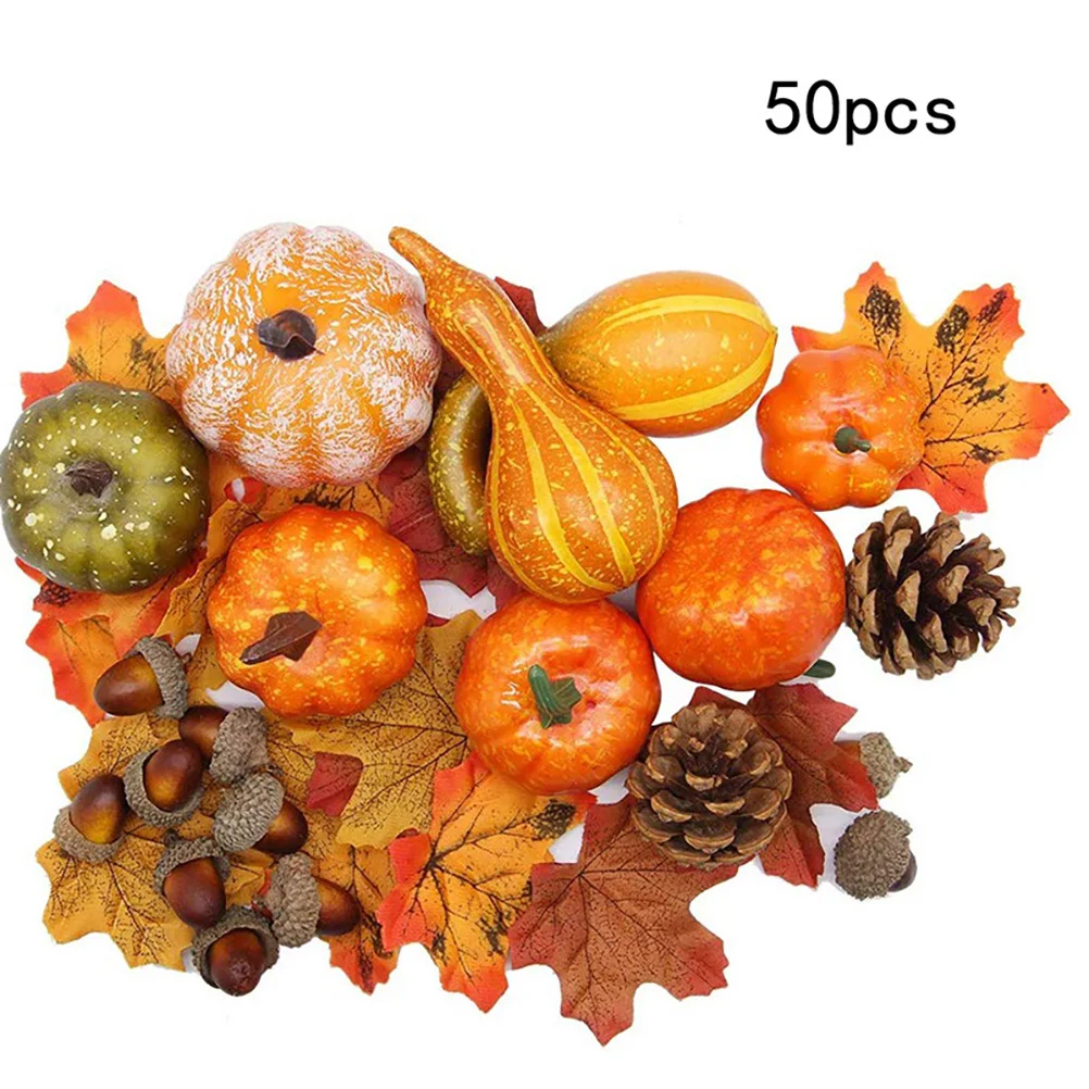 

50PCS Fall Harvest Decor Props Artificial 3D Pumpkin Gourd Acorn Berries Maple Leaf Artificial Pumpkin Craft Simulation Hallowee