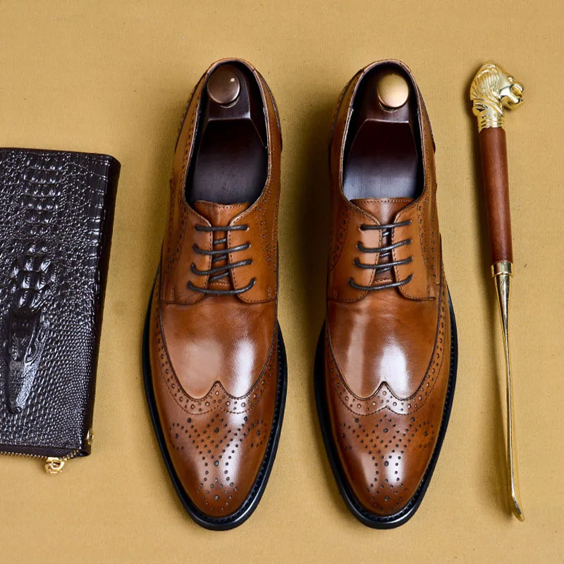 

Mens Dress Shoes Genuine Leather Brogues Carved Office Oxford Wedding Shoes Men Luxury Pointed Toe Zapatos Italianos Hombre A48