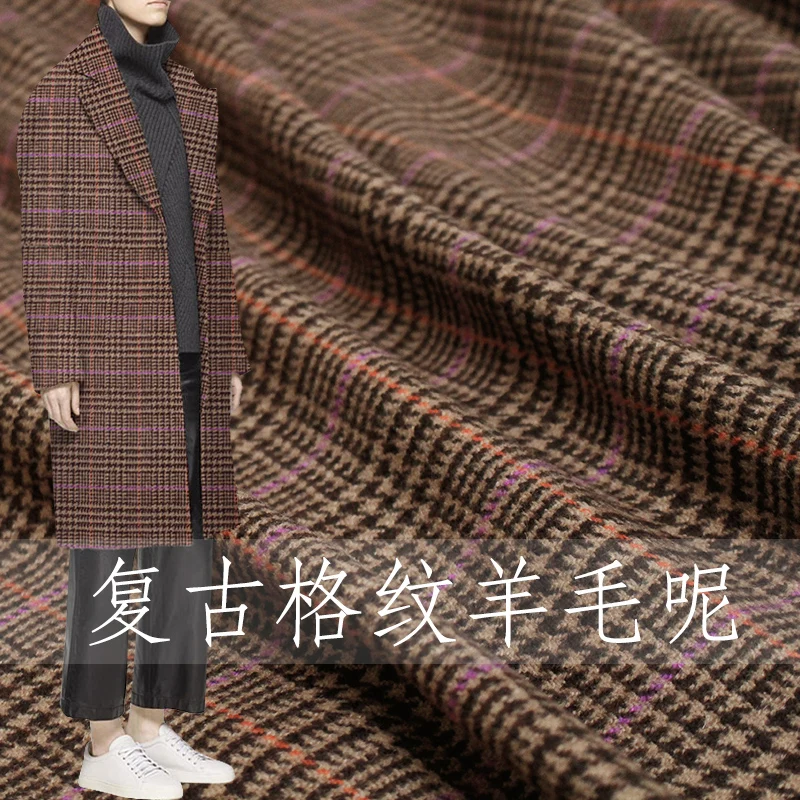 

Vintage Plaid Wool Fabric Soft Woollen Brown Yellow Houndstooth Autumn and Winter Dresses Coats Custom Fabrics