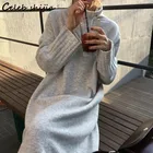 Шикарное мягкое кашемировое платье, Женское зимнее и осеннее длинное шерстяное платье оверсайз с высоким воротником, платье, женская трикотажная одежда с длинным рукавом