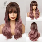 Парик с челкой для женщин, Длинные Синтетические натуральные волнистые волосы цвета блонд, единорог, Омбре, бордовый, красный, с челкой, из термостойкого волокна