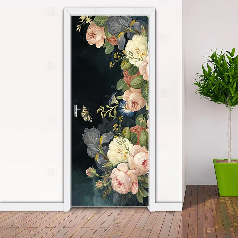 

European Rose Door Sticker For Living Room Bedroom PVC Self-adhesive Door Mural Creative 3D Decals