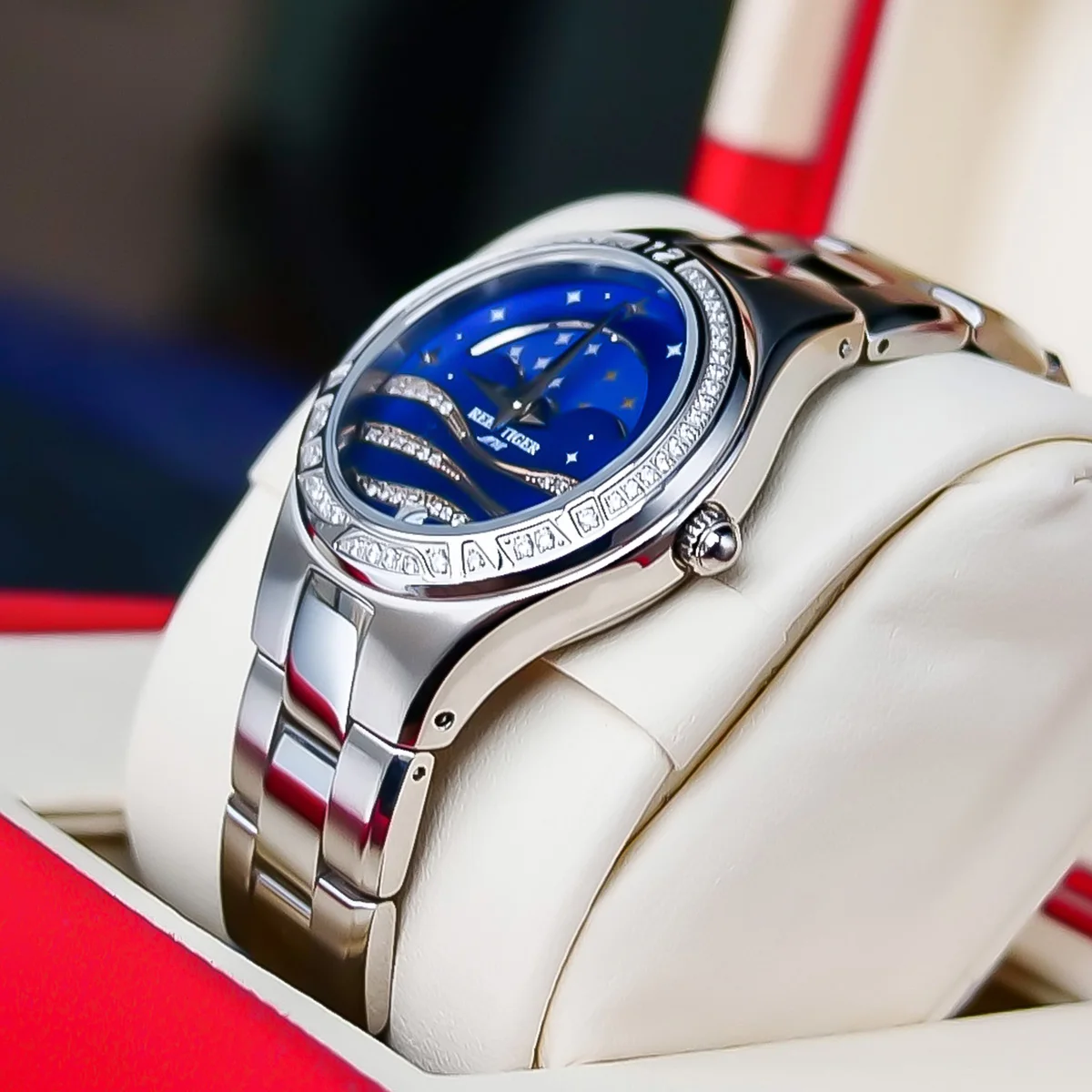 Женские наручные часы Reef Tiger/RT повседневные из нержавеющей стали синего цвета с