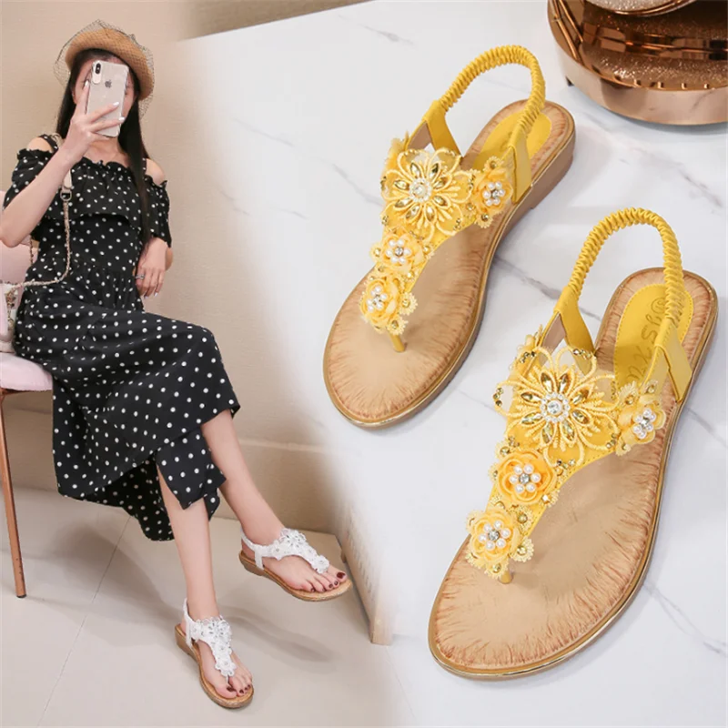 

New 2021 Summer Fall Women's Sandals Women's Flip Elastic Band Open Toe Beach Shoes Flowers Flat Women's Shoes