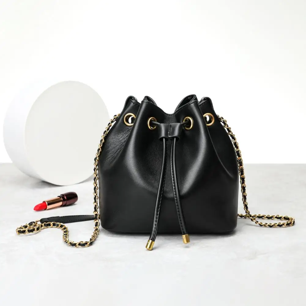 

free shipping 2020 the new style fashion bucket genuine leather sheepskin women one shoulder bag crossbody bag 2 color 21cm