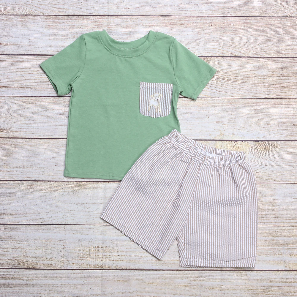 

Factory Wholesale Children Boy Pure Cotton Outfit Green Lamb Short Sleeve Stripe Embroidery Suit For Your Cute Baby