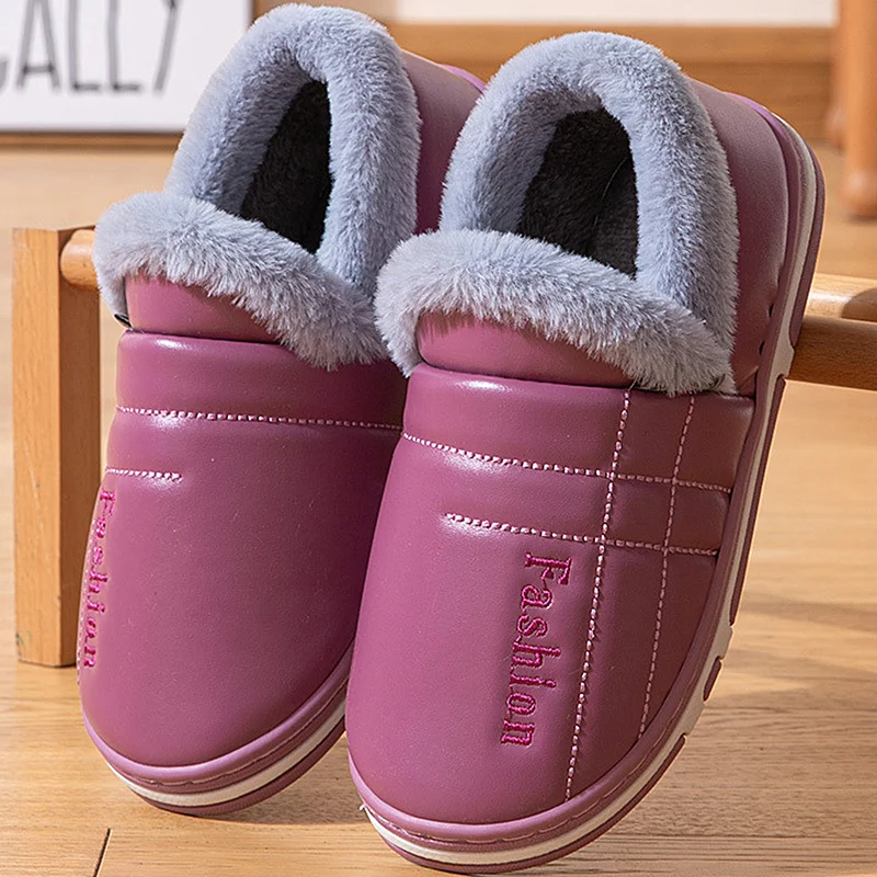 Winter Leather Cotton Slippers Woman Platform Indoor House Slipper Soft Non-slip Warm House Floor Slides Outdoor Cotton Shoes