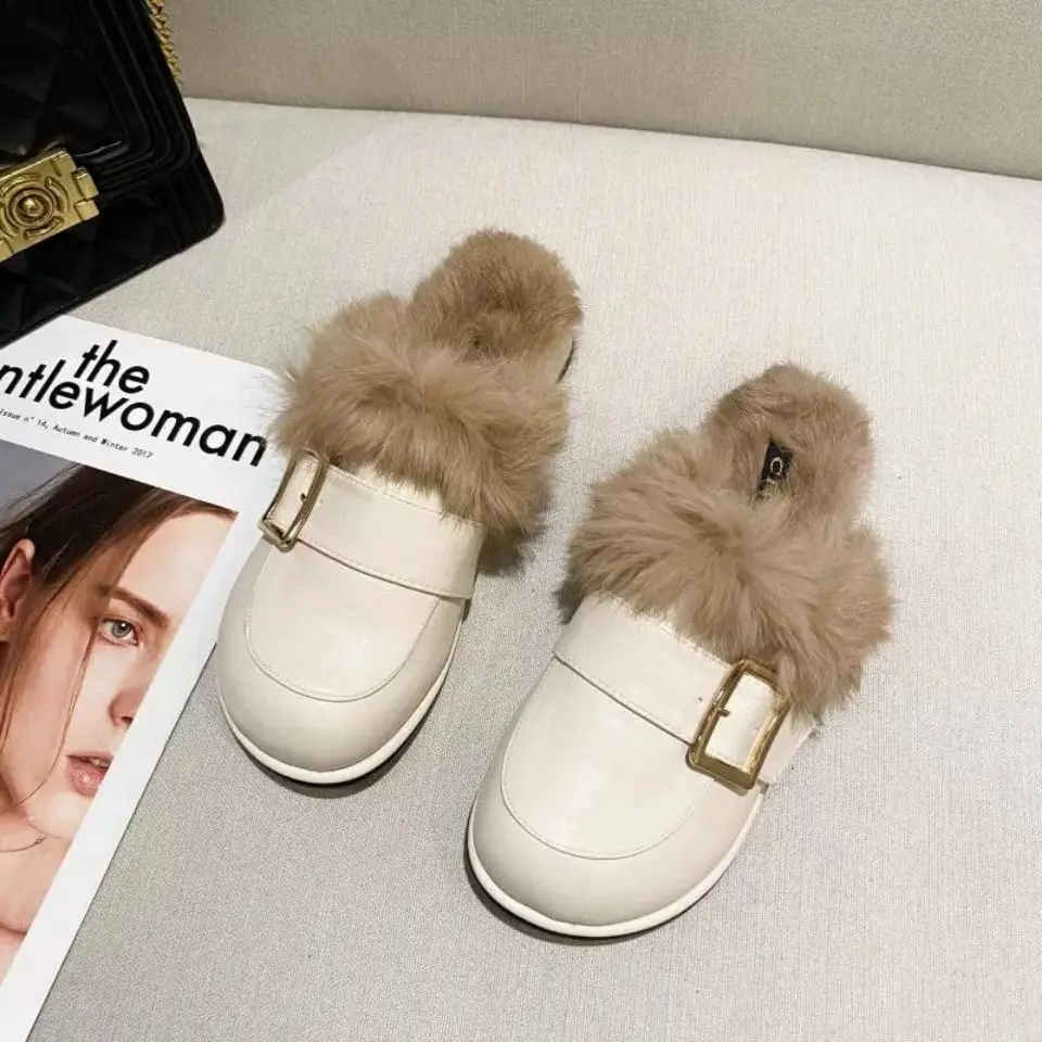 2021 Rabbit Hair Wears Semi-slipper Women's Mao Mao Shoes New Fashion Round...