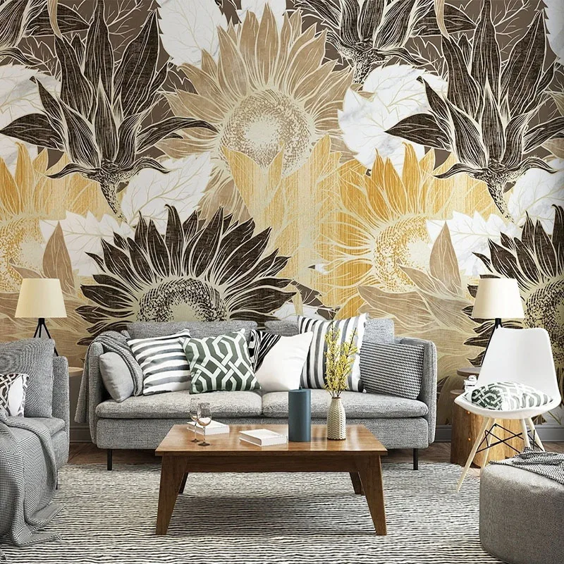 

Custom Mural Wallpaper Modern Minimalist Light Luxury 3D Flower Sunflower Line Drawing Background Wall Mural Papel De Parede 3 D