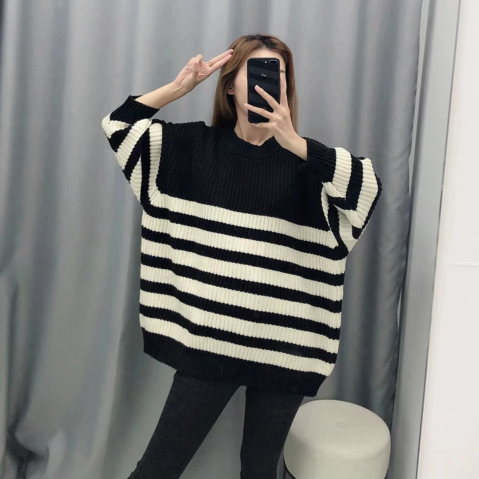 autumn long sleeve knitted Sweater women black white loose stripe winter Pullovers Casual Knitwear casual Clothing 2019 | Женская одежда