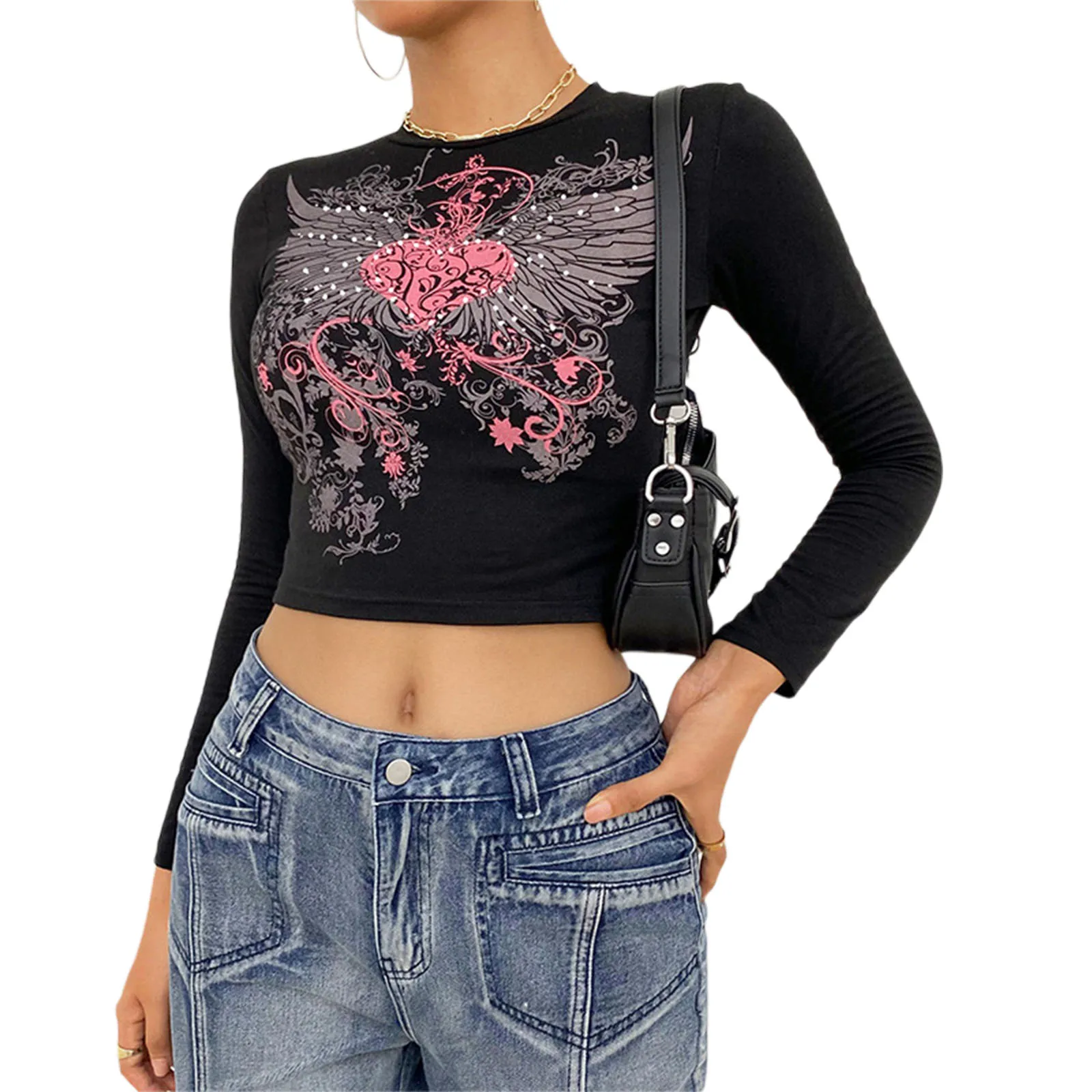 

Women Casual T-shirt Ladies Fall Slim-fit Printed Long Sleeve Round Neck Crop Tops