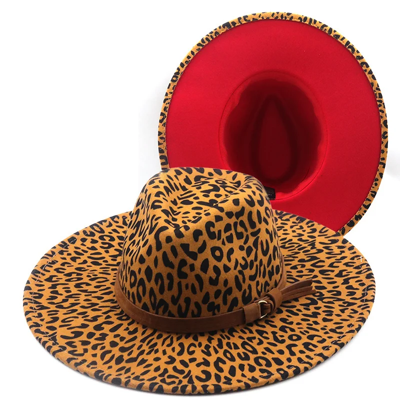 

winter fedora hats for women fashion 9.5CM Flat wide Brim Panama Wool Felt Jazz Fedora Hats for men Leopard goth top wedding Hat