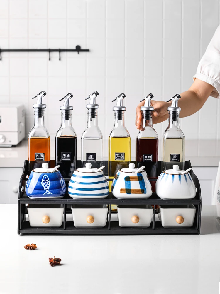 

Salt Jar Ceramic Organizer Storage Box Glass Oil and Vinegar Bottles Sugar Bowl Spice Rack Pepper Especiero Kitchen Supplies 60