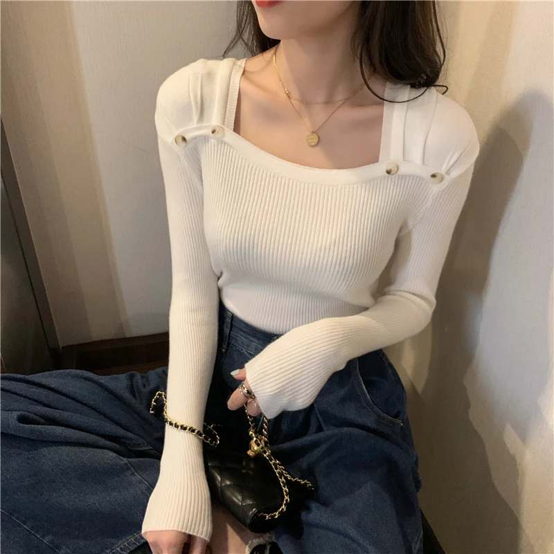 

LJSXLS Korean Square Collar Pullovers Women Knitted Sweaters 2020 Autumn Winter Long Sleeve Button Solid Basic Sweater Female
