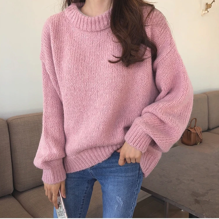 Женский Повседневный пуловер оверсайз зеленый вязаный свитер с круглым вырезом