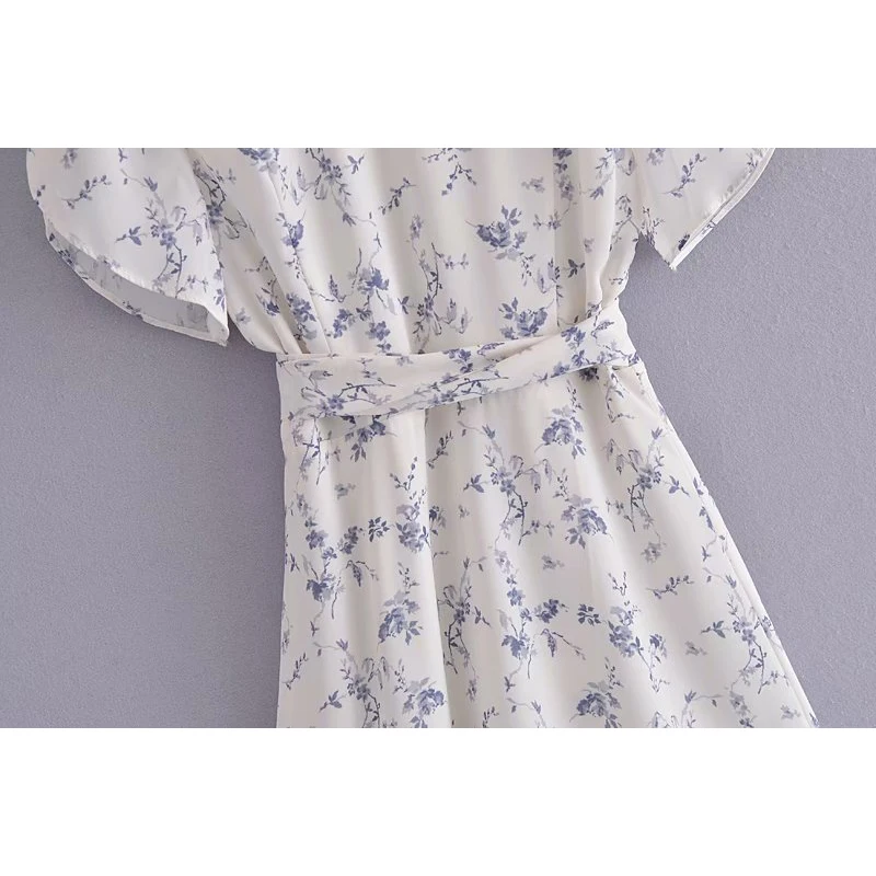 

2021 New Women Dress Printed Crossover V-neck Sashes Short Sleeves Mini Dress Elegant Femme Robe Ropa Mujer Vestidos