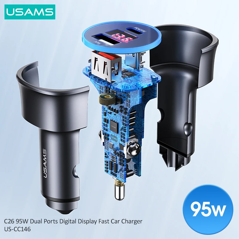 usams 95w high power fast charging aluminum alloy car phone charger for iphone xiaomi huawei laptops tablets qc pd 3 0 charger free global shipping