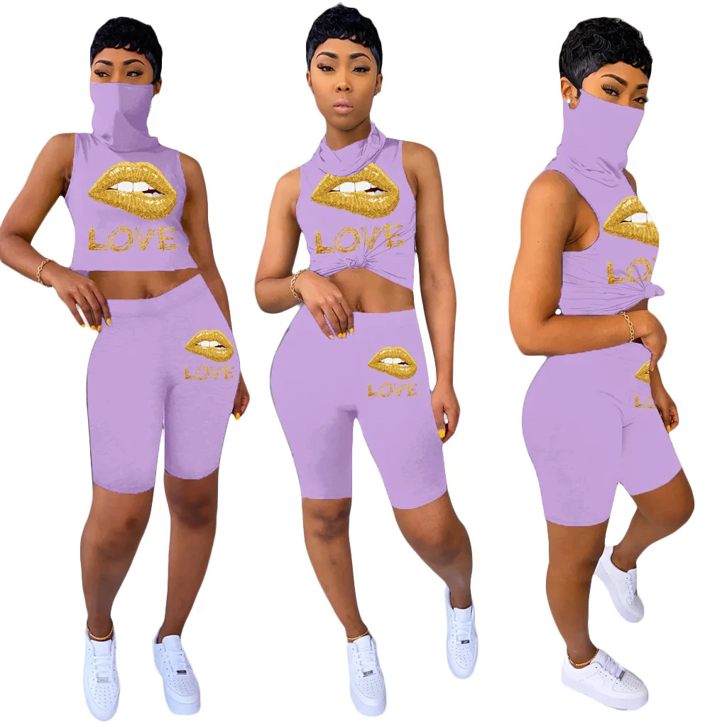 

HAOOHU Casual Fitness Two Piece Tracksuit Lounge Wear Outfit Mouth Print Slim Fit Crop Top Biker Short Streetwear Matching Set