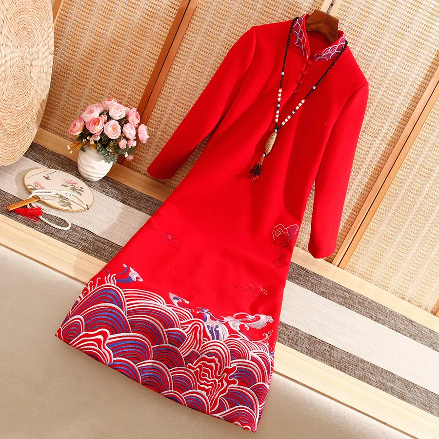 Высококачественное Женское шерстяное платье осень зима с Королевской вышивкой