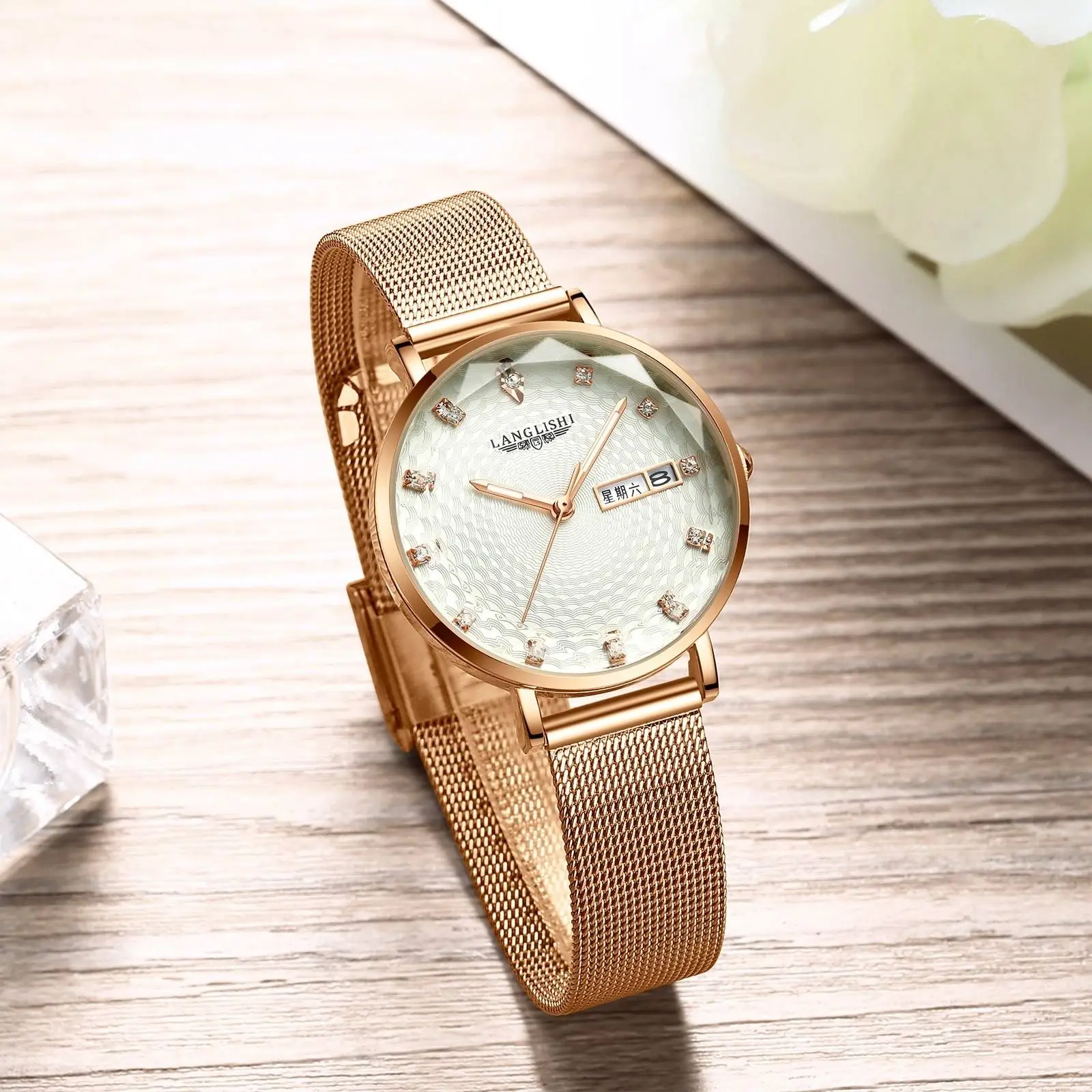 

Japan Quartz Movement High Quality LANGLISHI Women 2021 New Simple Stainless Steel Mesh Rose Gold Waterproof Ladies Watches