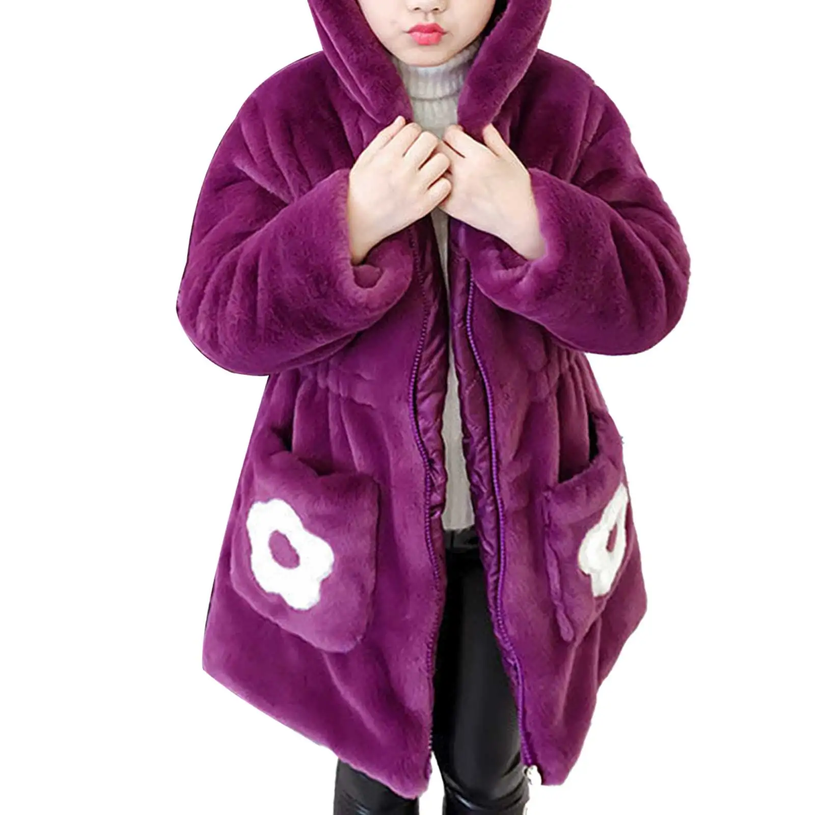 

Fall Winter Kids Girls Plush Outerwear Jackets Clothes Children Hoodies Slim Waist Coat Teenagers Thick Warm Tops Zipper Pockets