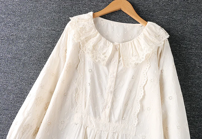 

2020 New Autumn Women Dress Japan Style Fresh Peter Pan Collar Embroidery Cotton linen Loose Casual Long Dresses Women