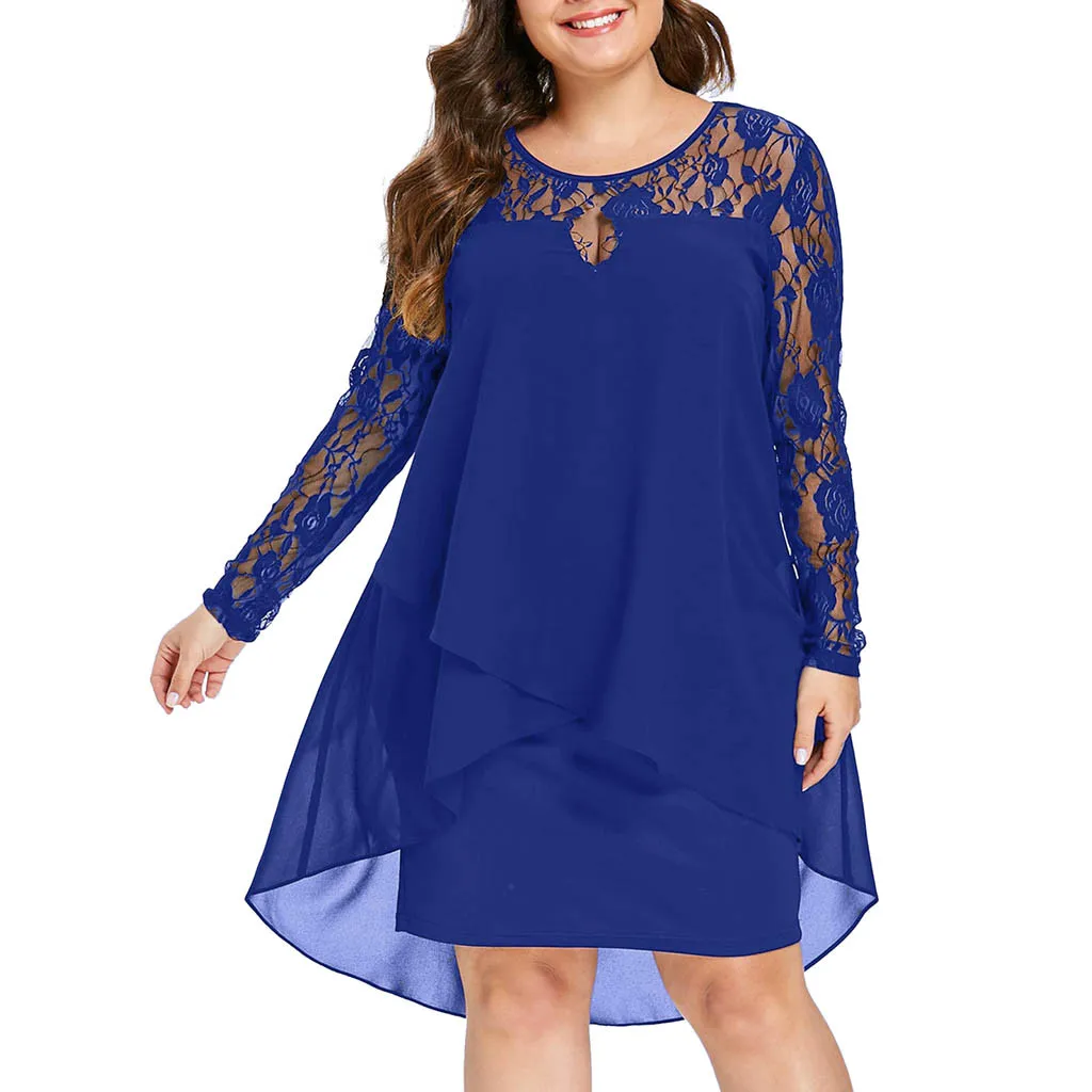 

Ladies Dress Ladies Simple Temperament Fashion Women's Casual Large Size Lace Sleeves High And Low Hem O-neck Swing Dress