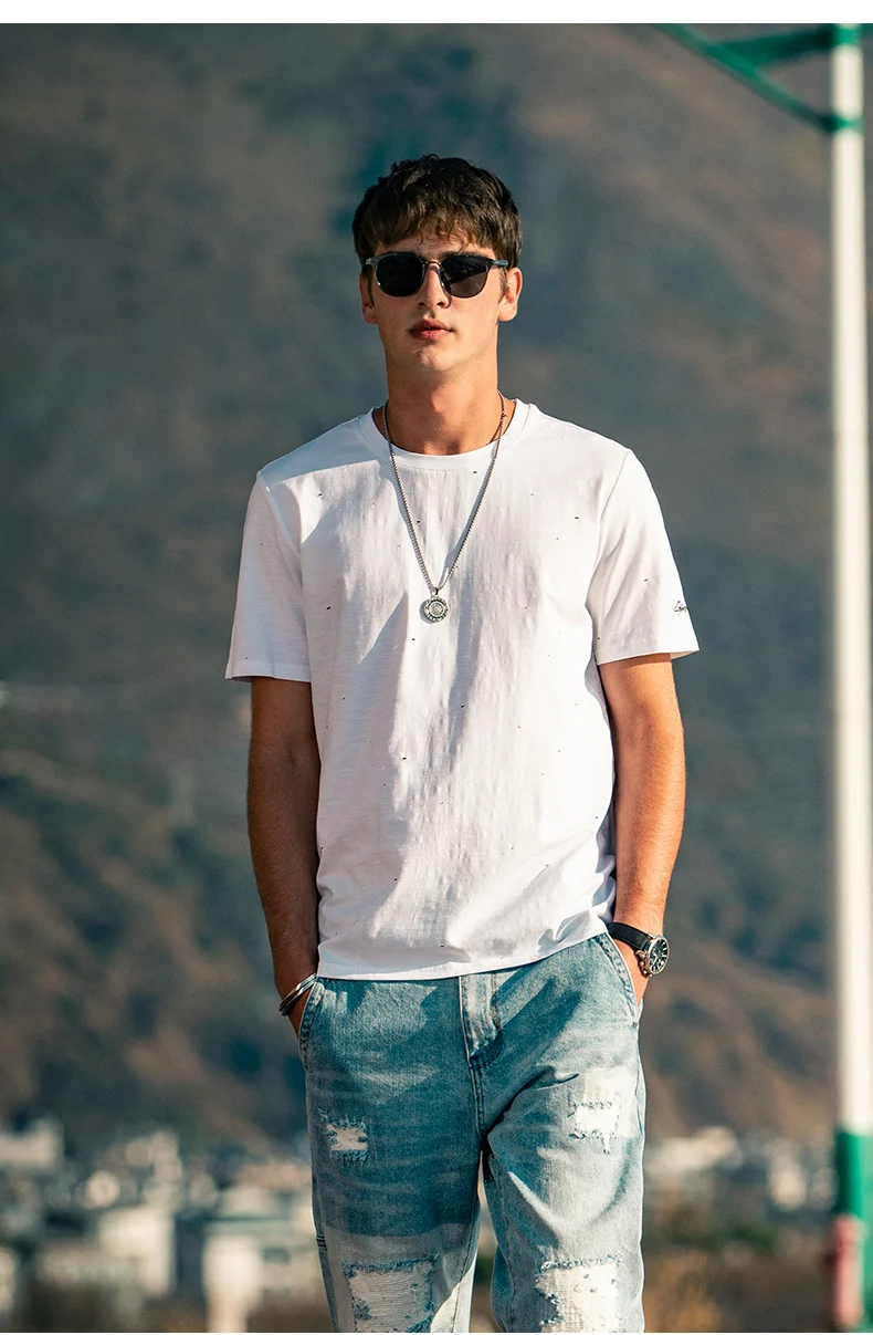 

YTX1602 Distressed retro small hole Japanese destroy beggar cotton short-sleeved T-shirt