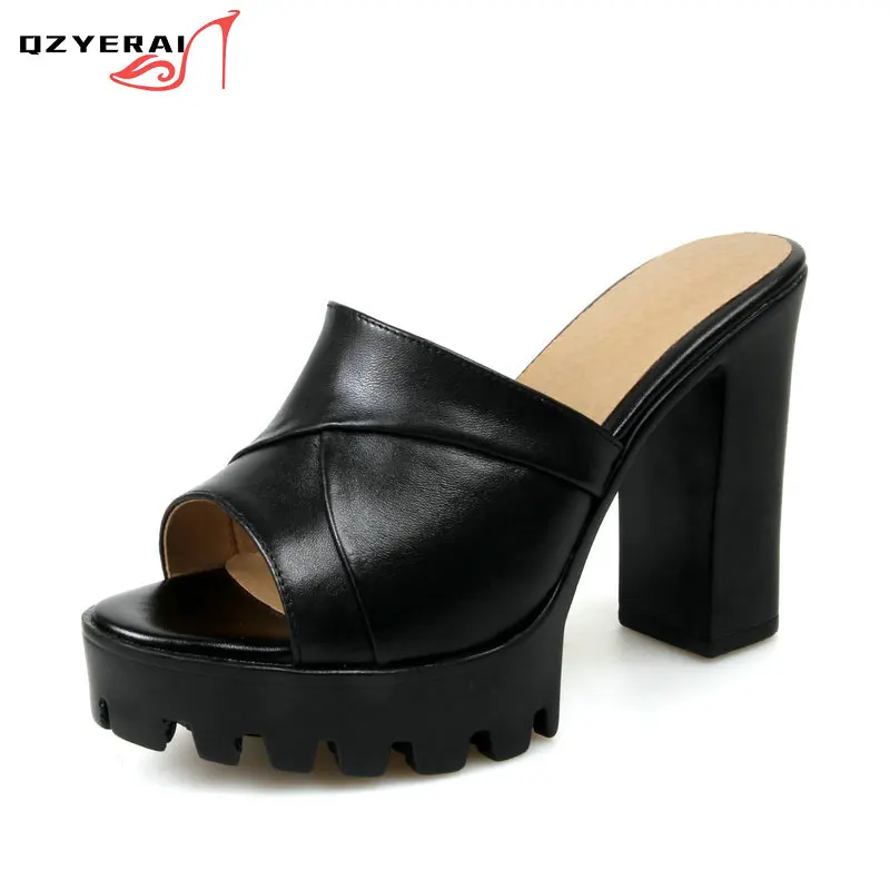 

2021 European Summer Genuine Leather Women Slippers Fashion Black High Heels Non-slip Soles Fish's Mouth Shoes Sandals