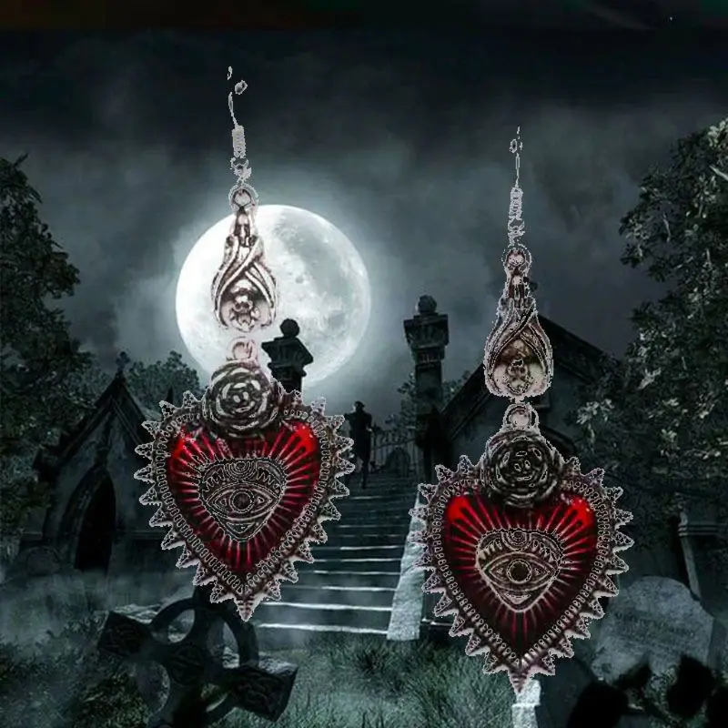 

Punk Rock Bat Vintage Silver Lolita Gothic Evil Eye Red Heart Drop Earrings for Women Halloween Cosplay Jewelry