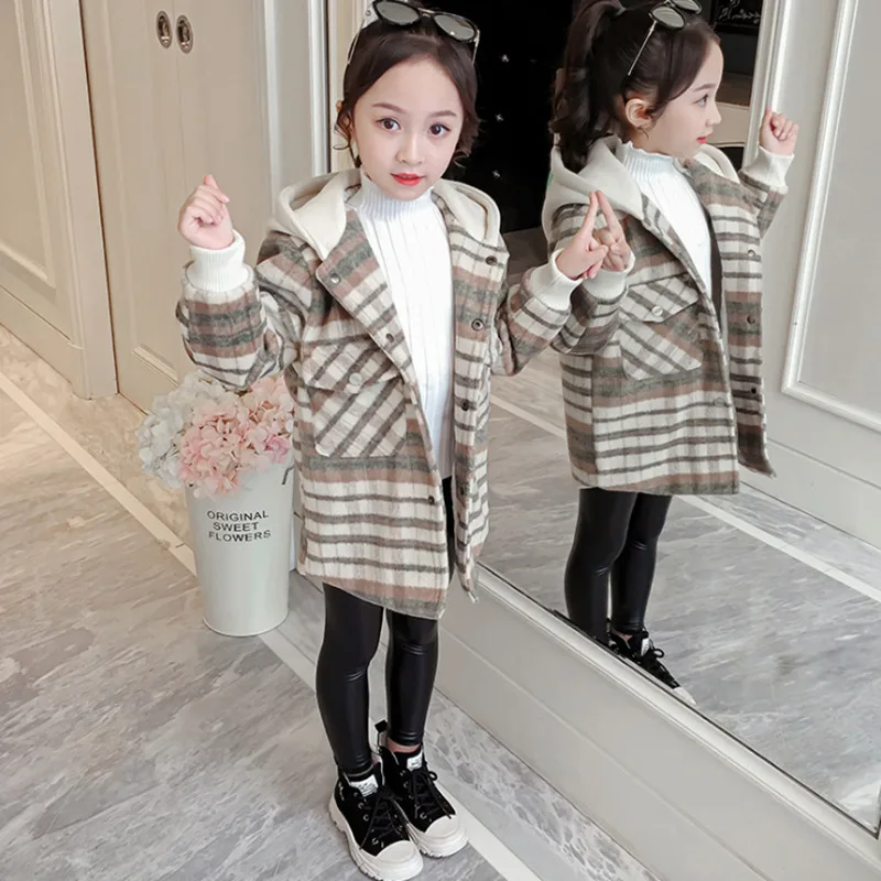 Детское пальто для девочек зимнее модное шерстяное в клетку с капюшоном